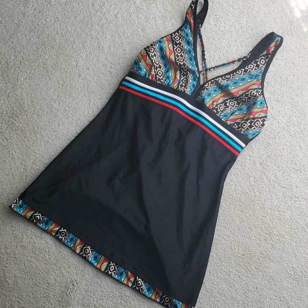 Black Swim Dress with Multicolor Tribal Print Large